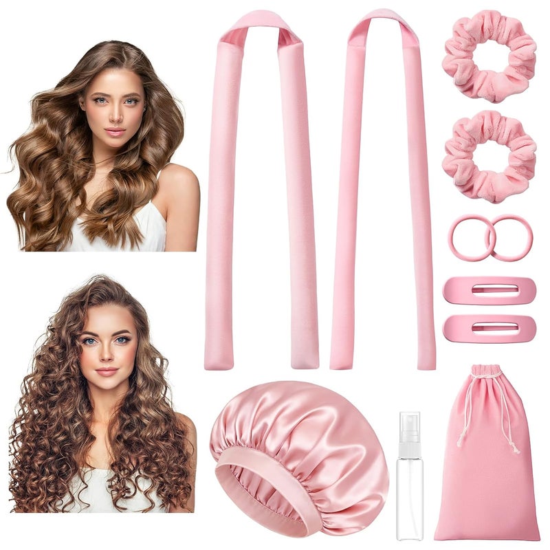 LitBear Heatless Curls Overnight Set, 2 Sizes of Soft Curling Rods for Women Long Hair,No Heat Hair Curlers with Bonnet to Sleep In, Flat-Top Design with Scrunchies and Clips,Light Pink 11Pcs - Image 1